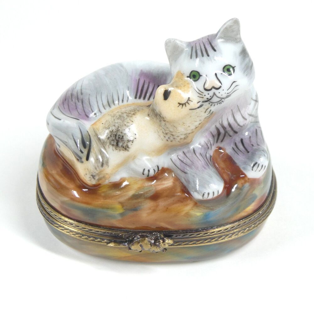 Cat & Kitten Trinket Box Porcelain A.L. Limoges France Handpainted Vintage